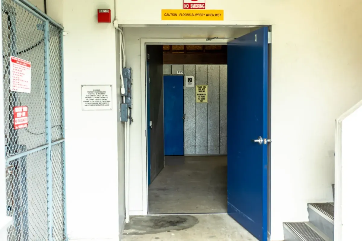 Entrance to a row of indoor storage units at Garden Grove Secured Storage